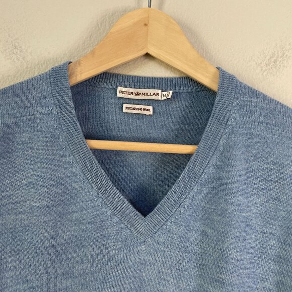 Peter Millar Mens Medium Blue V Neck Sweater 100% Merino Wool Long Sleeve - Picture 2 of 8